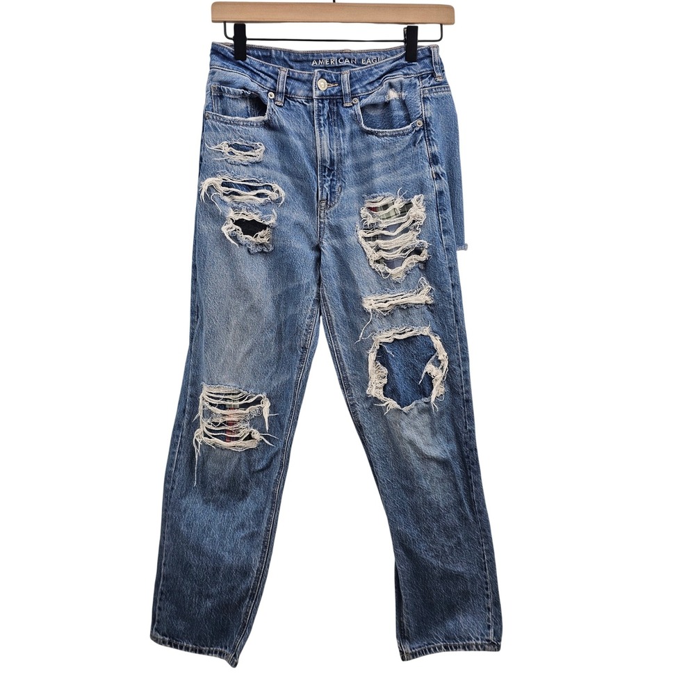 American Eagle Distressed Plaid Backed Straight Leg Jeans Blue Womens 6 Regular